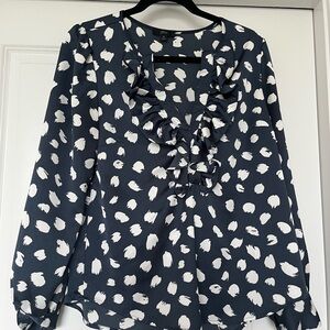 J Crew Long-sleeve ruffle-front top in brushstroke print navy and white
